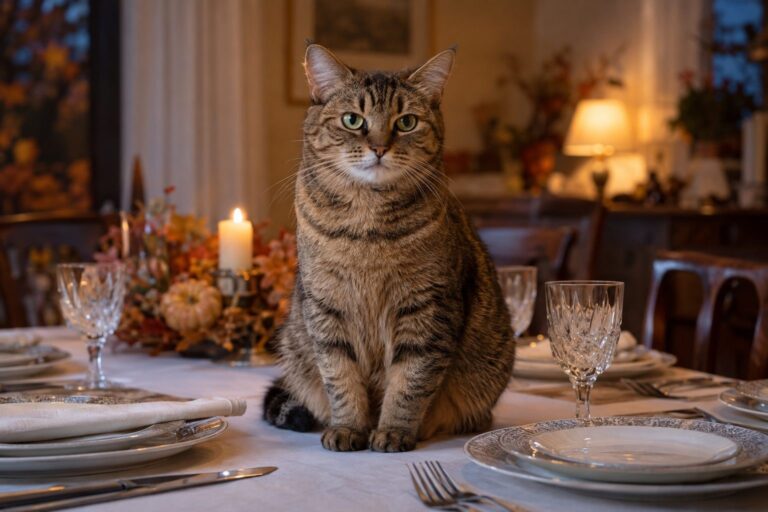 Un chat domestique (Felis catus) assis au milieu d'une table à manger dressée, avec nappe et couverts