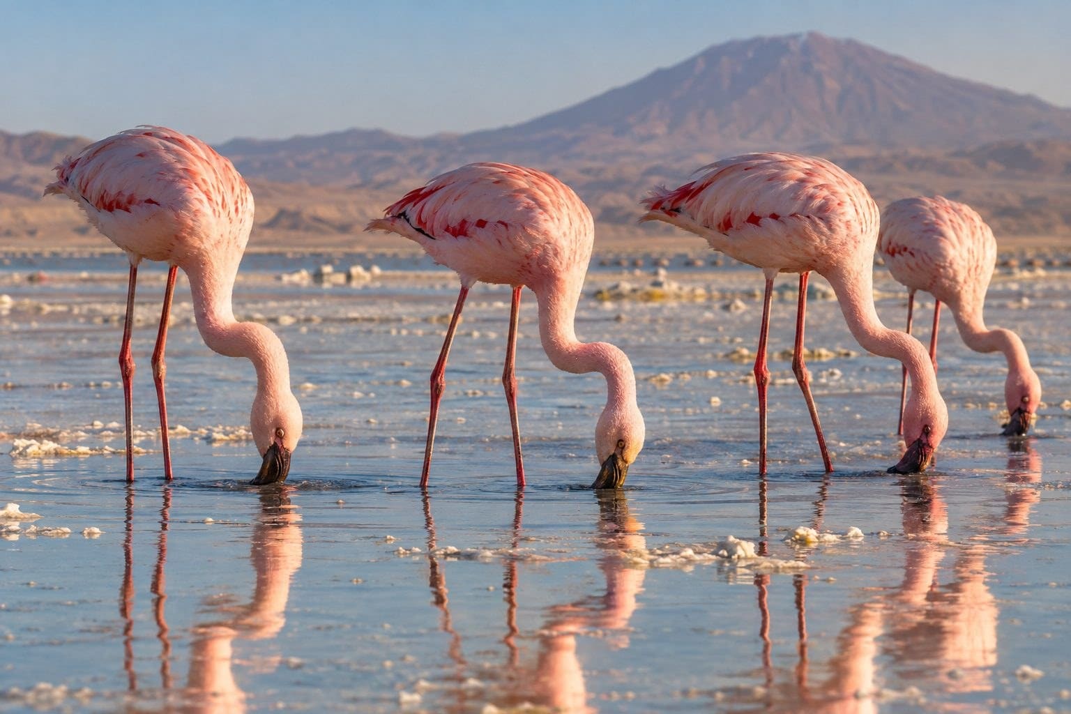 Flamants nains se nourrissant dans le lac Natron