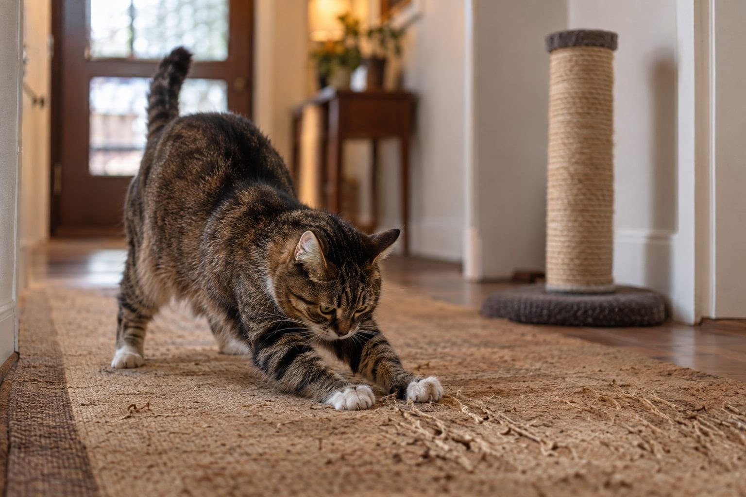 Chat domestique griffant un tapis d'entrée avec intensité tandis qu'un griffoir en sisal est visible mais ignoré en arrière-plan