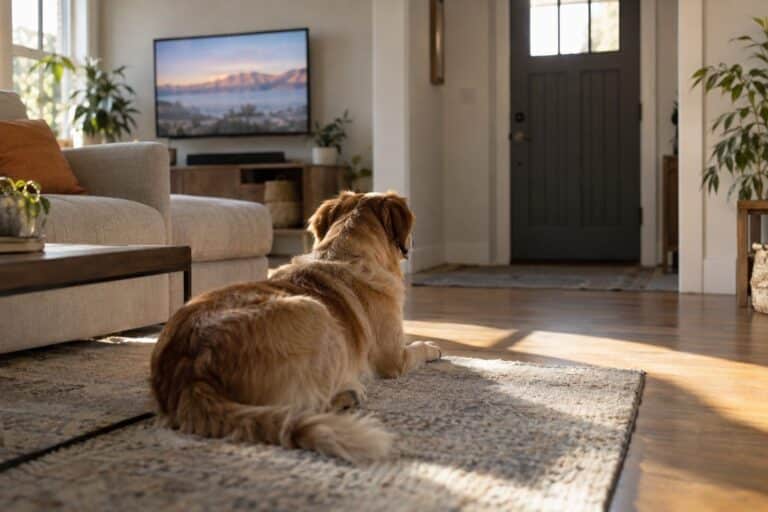 Un chien seul dans un salon moderne, assis ou couché près d'une porte d'entrée fermée, avec une télévision allumée en arrière-plan, lumière naturelle douce de l'après-midi