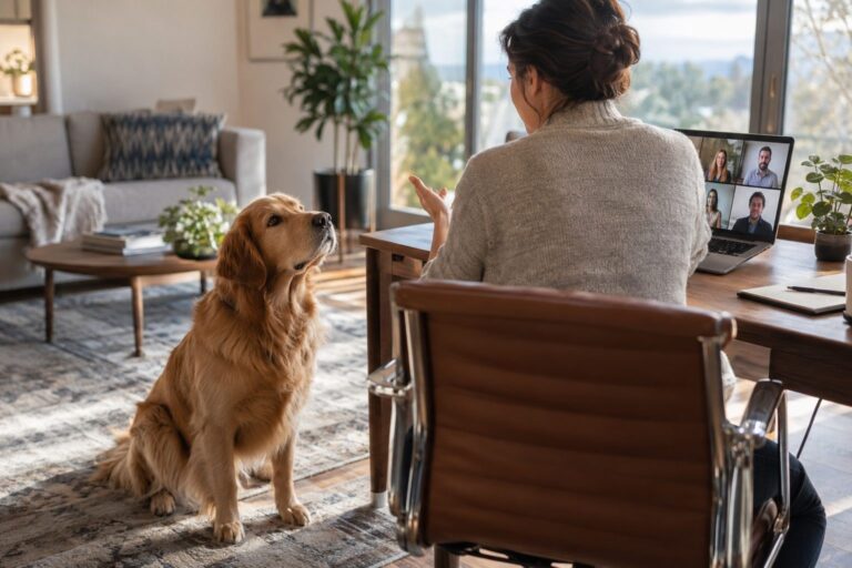 Un chien Golden Retriever assis dans un salon moderne pendant une visioconférence, regardant son propriétaire derrière un bureau avec un ordinateur portable, lumière naturelle de l'après-midi