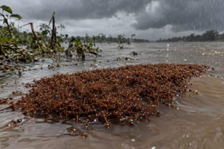 Un radeau vivant de fourmis de feu flottant sur l'eau lors d'une inondation