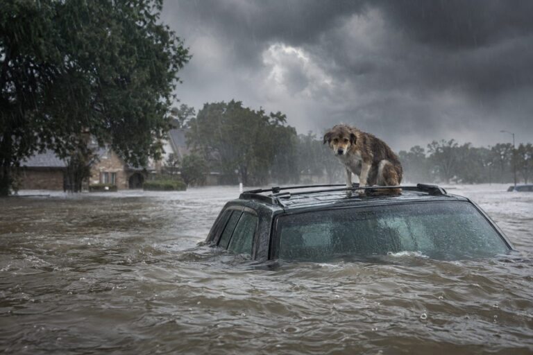 Un chien apeuré réfugié sur le toit d'une voiture submergée par les eaux de crue de la tempête Harvey à Houston