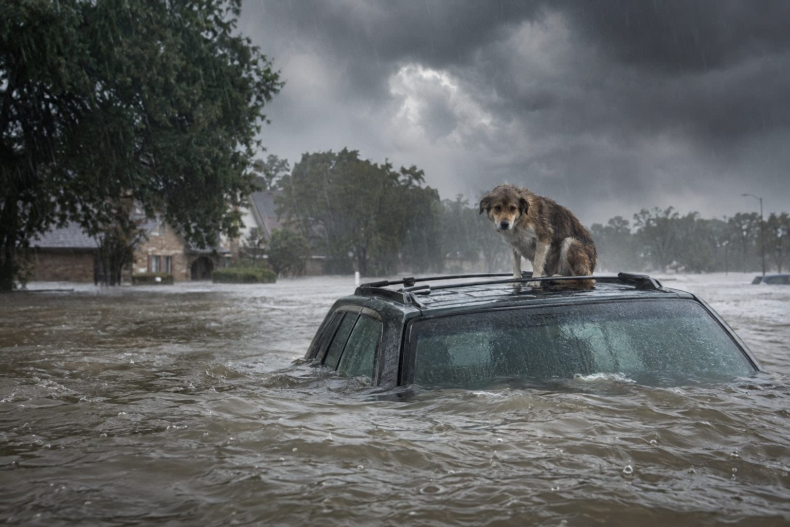 Un chien apeuré réfugié sur le toit d'une voiture submergée par les eaux de crue de la tempête Harvey à Houston