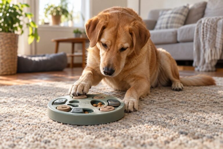 Un chien de race moyenne face à un puzzle alimentaire ou jeu d'énigme interactif, observant attentivement l'objet avec une expression concentrée