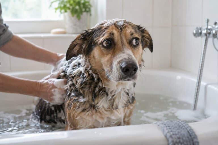 Un chien mouillé et savonneux dans une baignoire, observant l'eau avec appréhension, montrant son stress face au bain