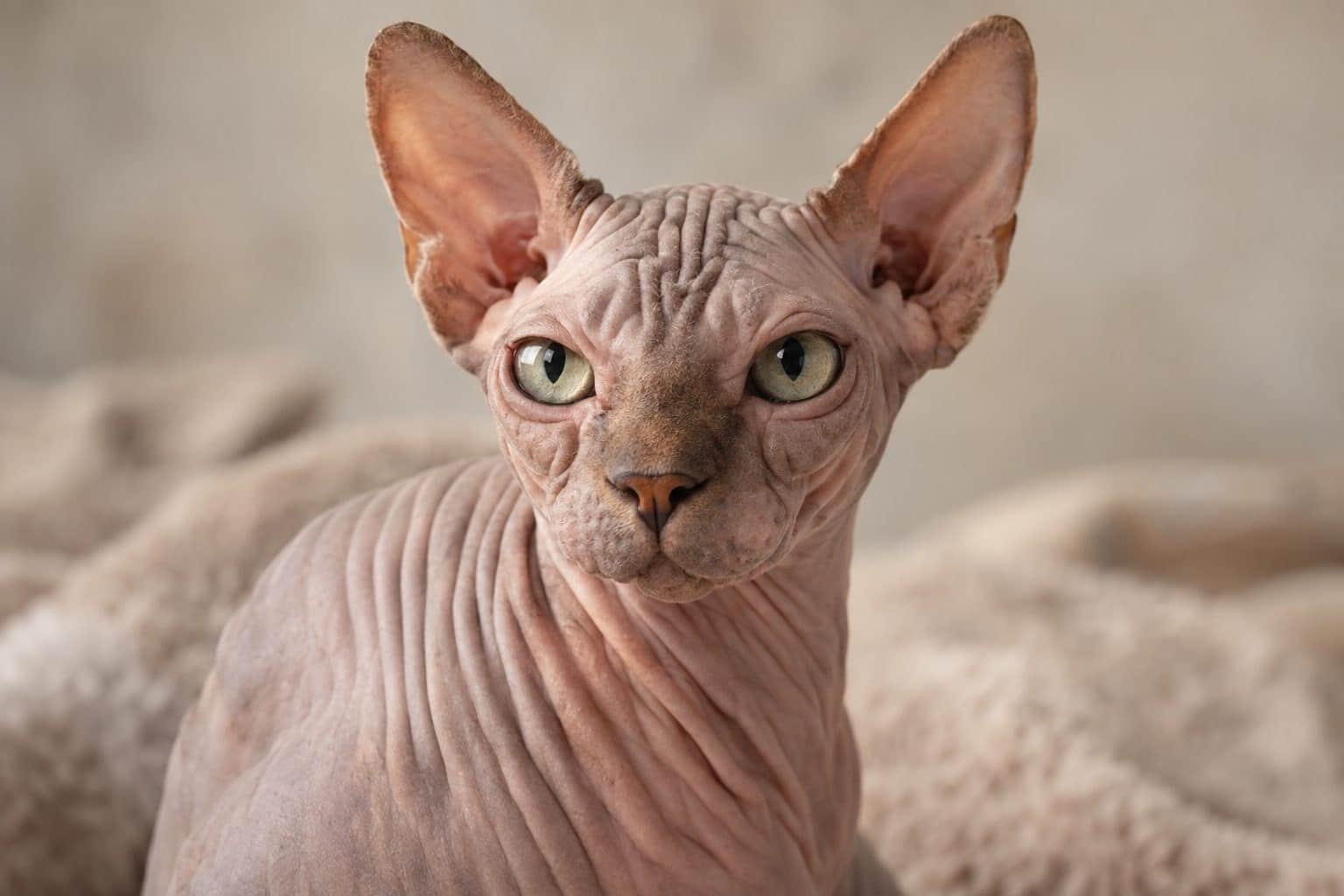 Chat Sphynx nu en gros plan sur fond neutre, mettant en avant ses traits caractéristiques