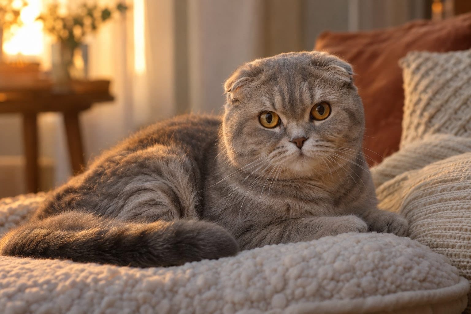 Chat Scottish Fold avec ses oreilles repliées caractéristiques, au repos dans un cadre cosy