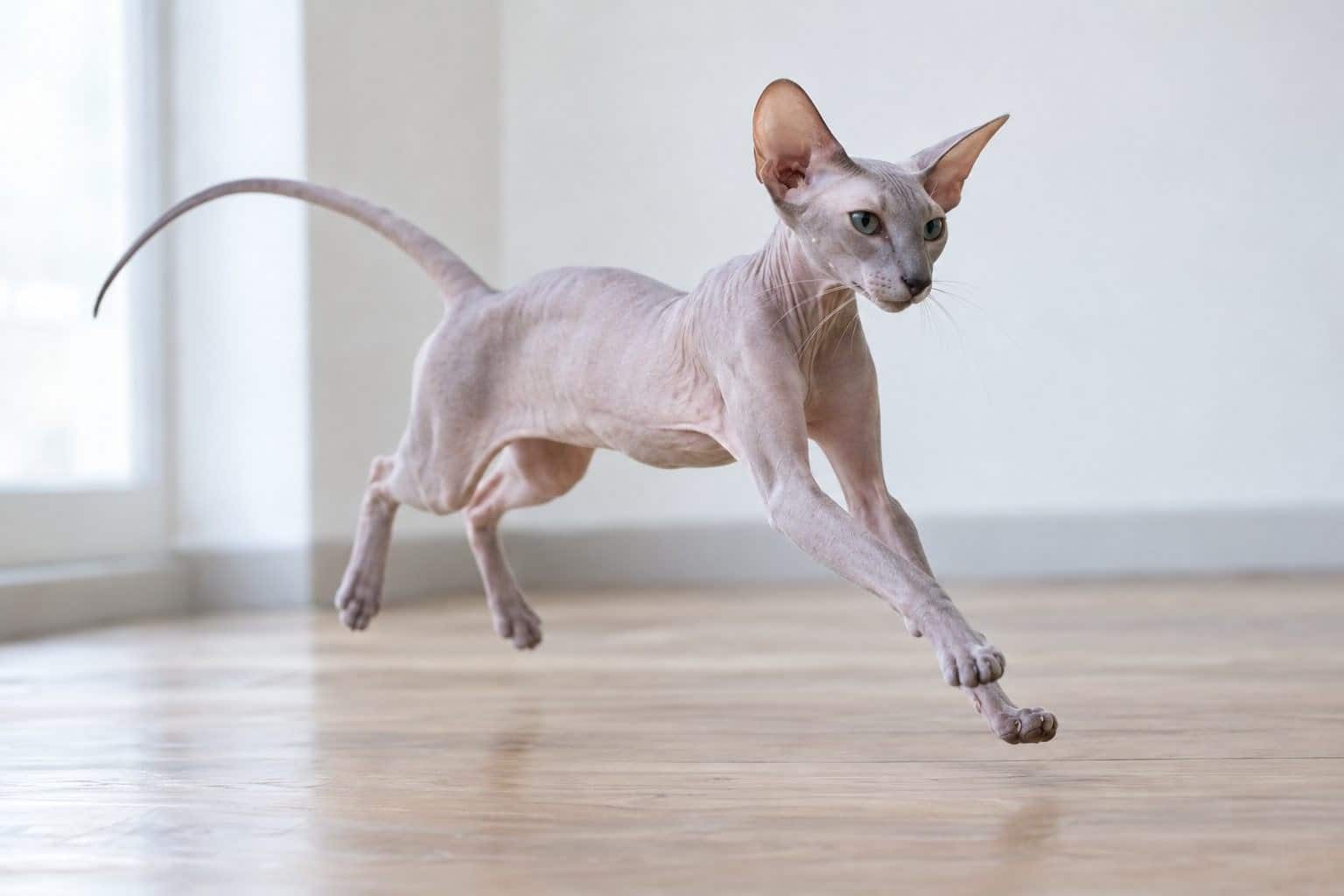 Chat Peterbald sans poils en action, montrant son tempérament actif