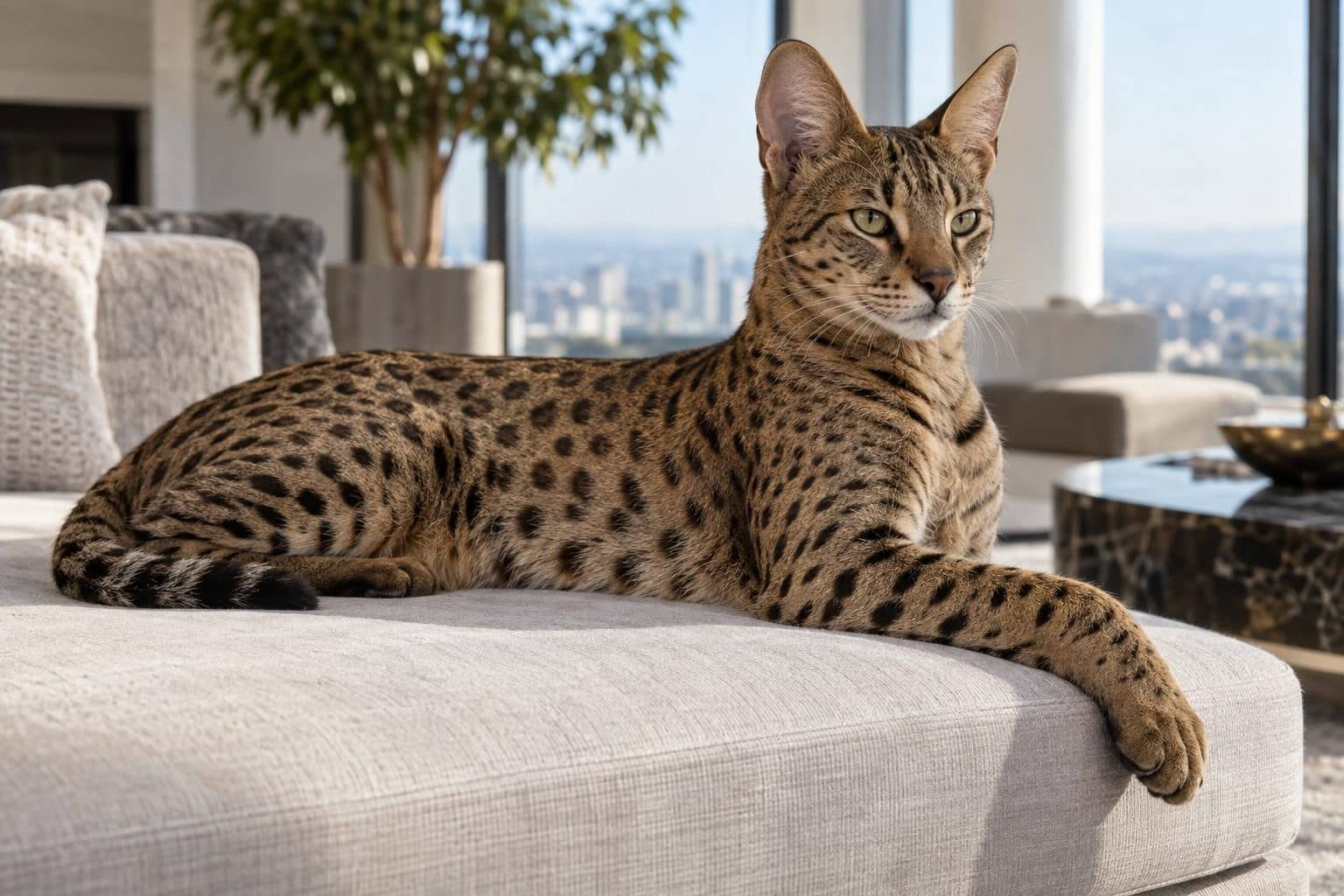 Chat Ashera dans un intérieur luxueux, montrant ses traits félins distinctifs