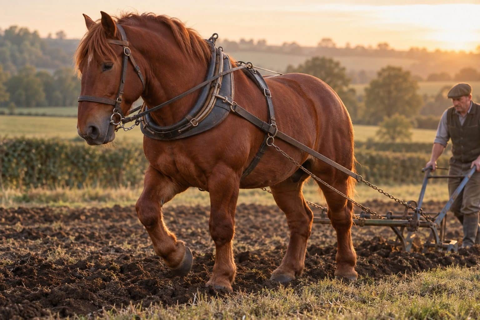 Suffolk Punch au travail montrant sa puissance musculaire et sa stature imposante dans un cadre agricole
