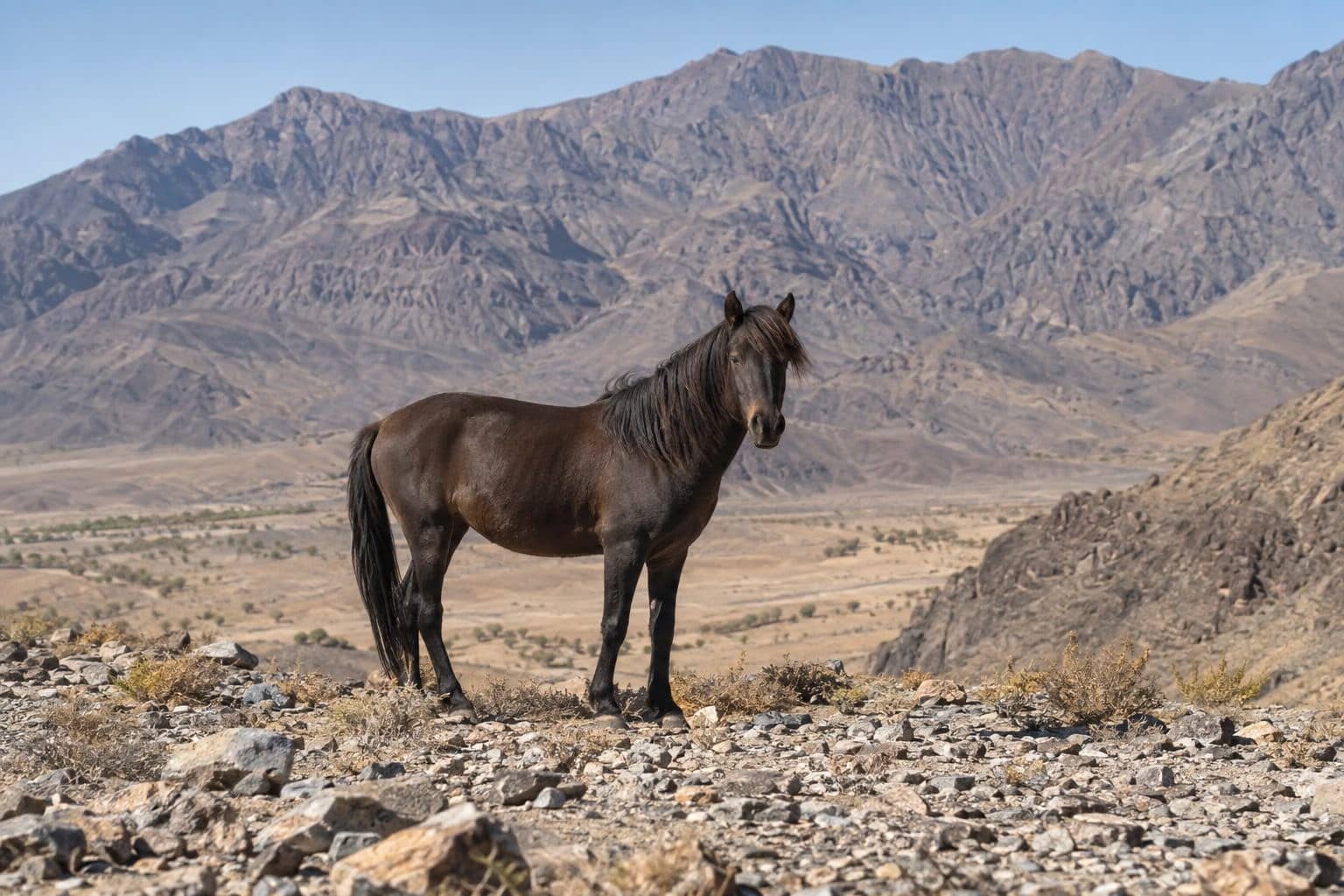 Cheval Caspien, miniature, dans son habitat naturel rocheux et aride de la région caspienne iranienne