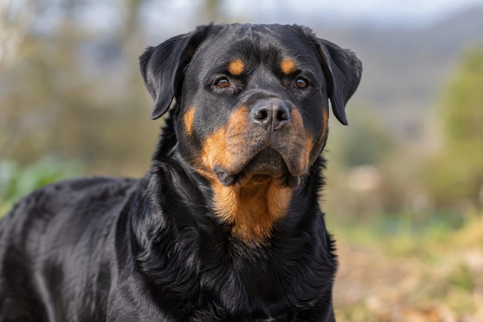Un Rottweiler adulte de face en gros plan, montrant son expression noble et confiante