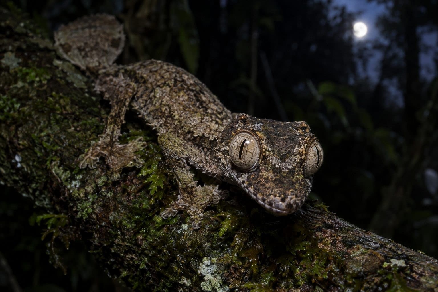 Gecko à queue de feuille de Madagascar en gros plan montrant ses yeux