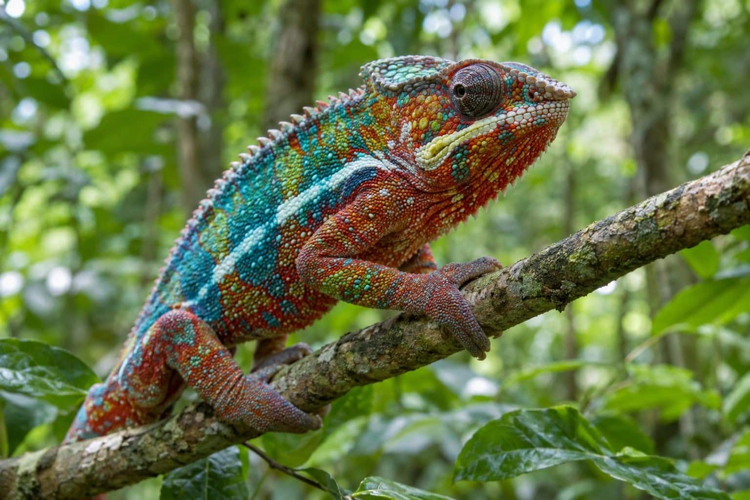 Caméléon du Madagascar avec ses yeux proéminents caractéristiques
