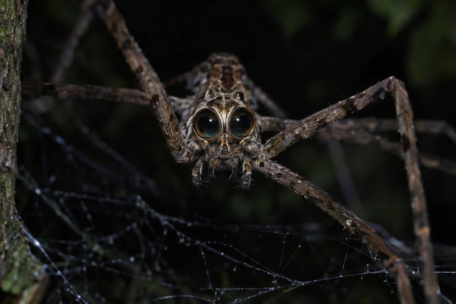 Araignée à face d'ogre en gros plan montrant ses énormes yeux