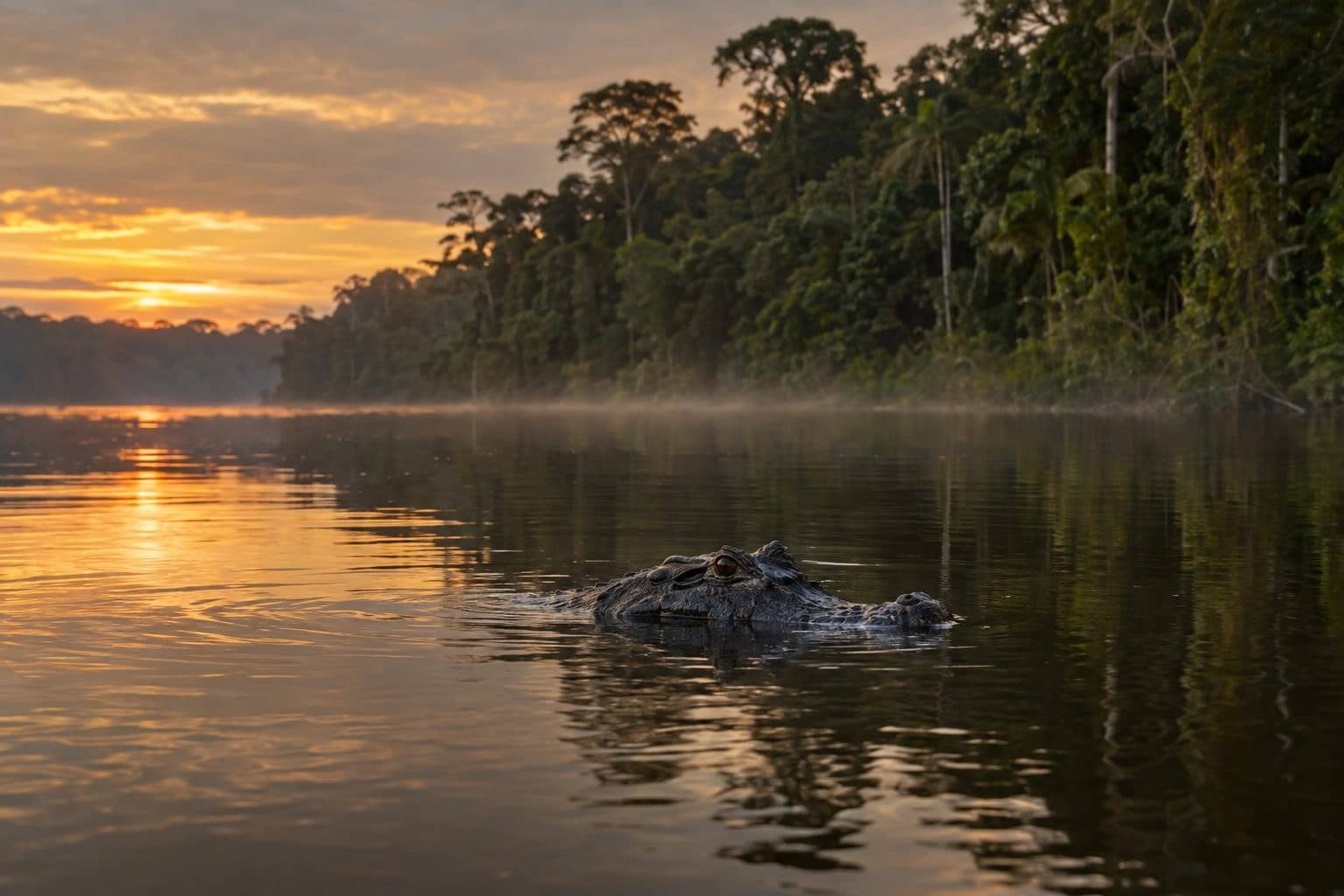 Caïman noir dans une rivière amazonienne