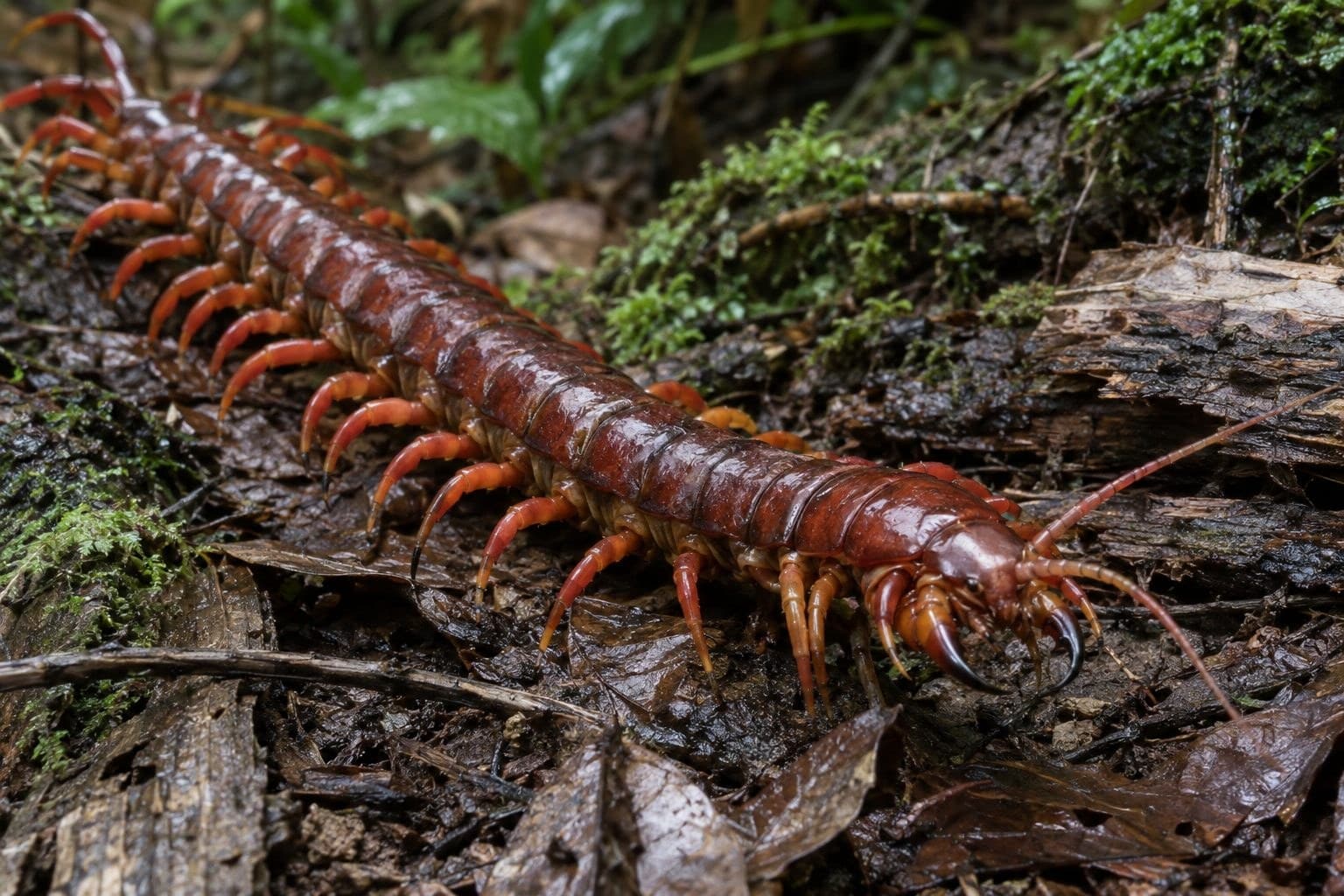 Mille-pattes géant du genre Scolopendra dans la végétation