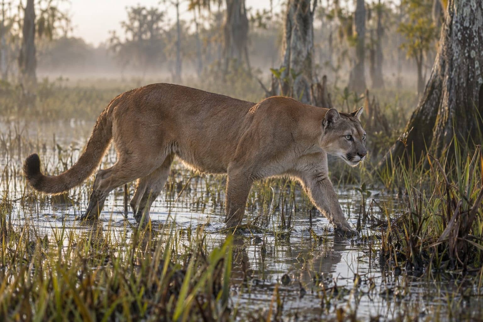 Panthère de Floride se déplaçant dans les marais de Floride