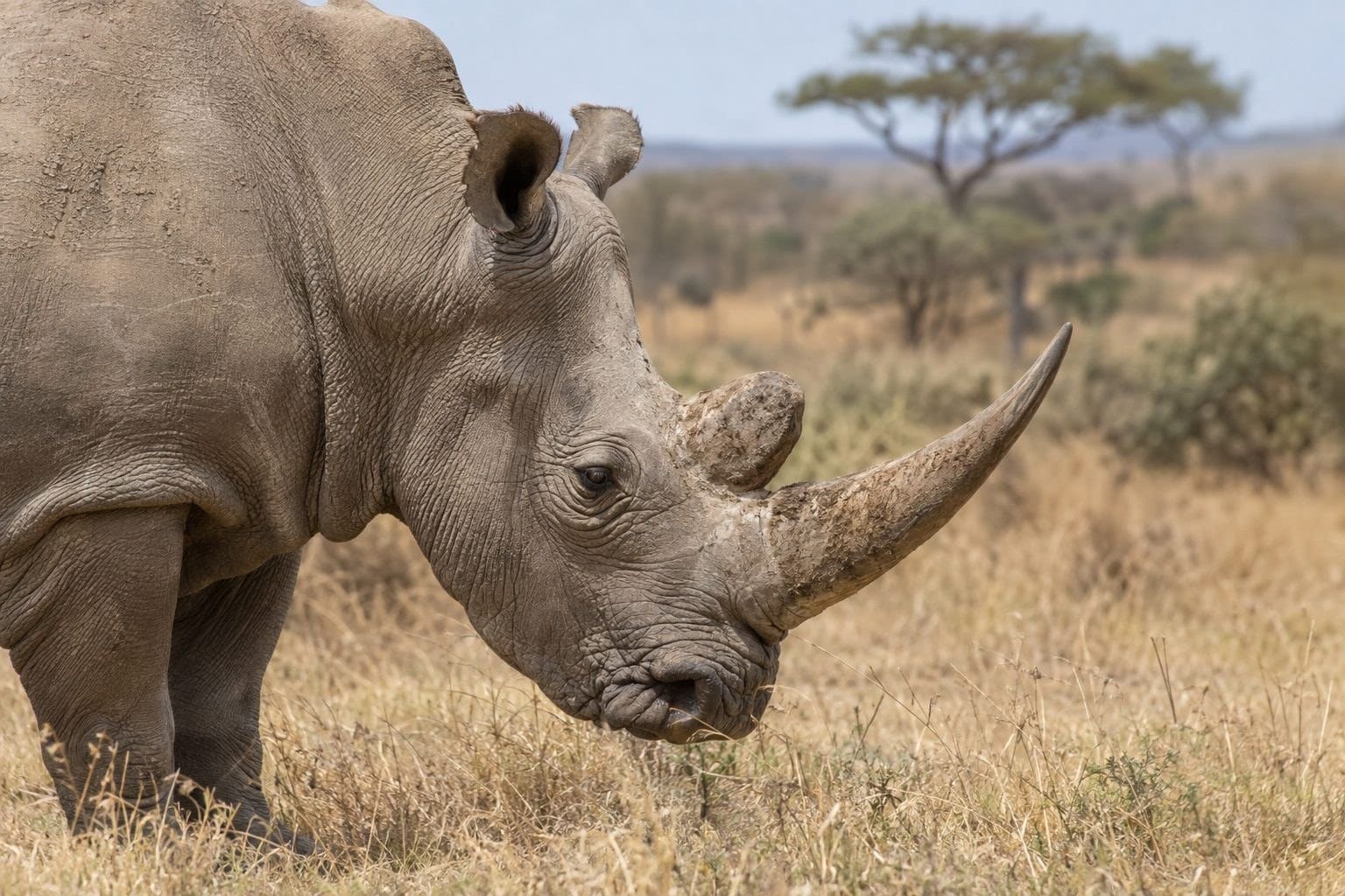 Rhinocéros blanc du Nord en gros plan montrant sa longue corne
