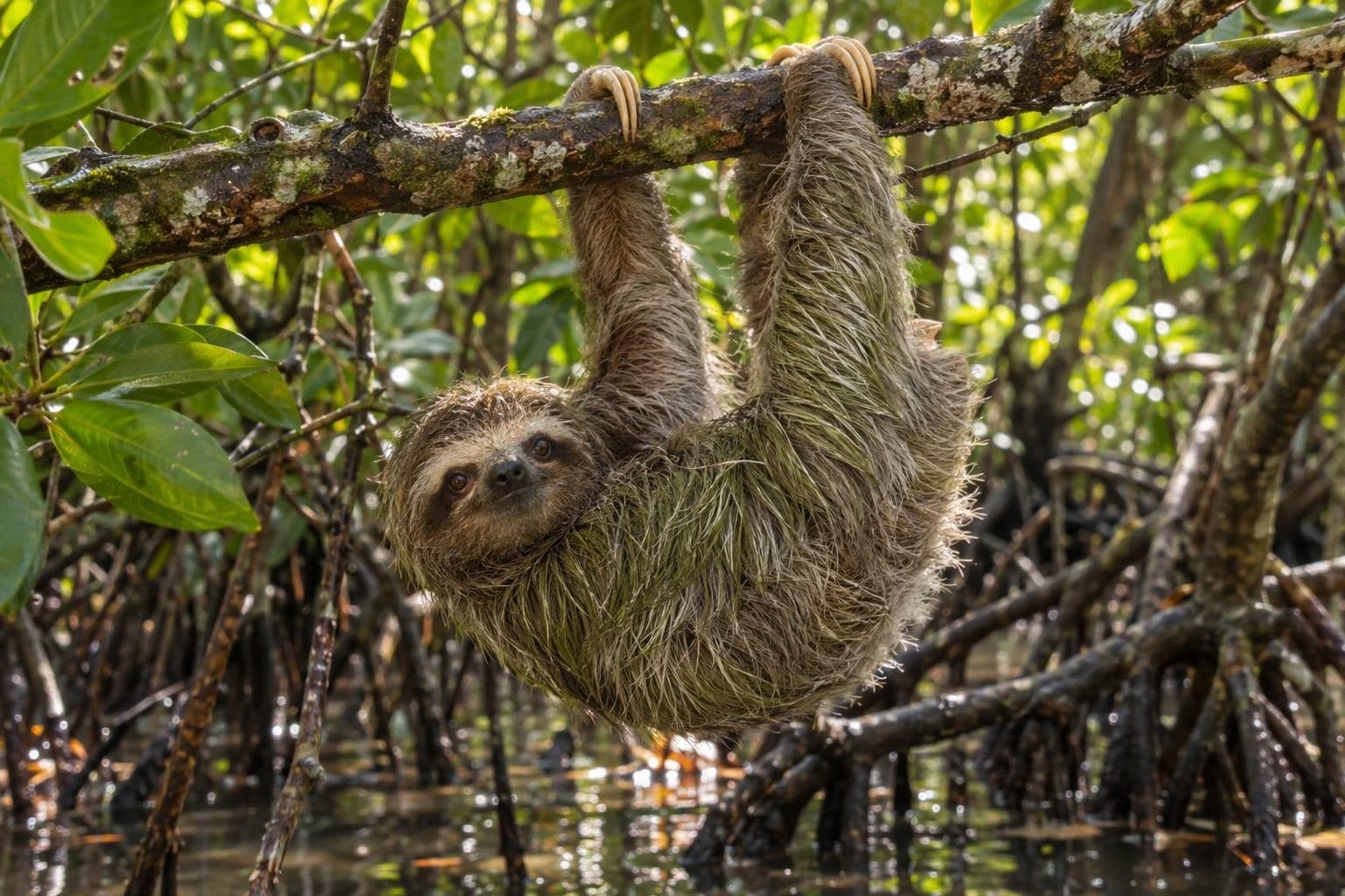 Paresseux nain accrochéà une branche de mangrove au Panama