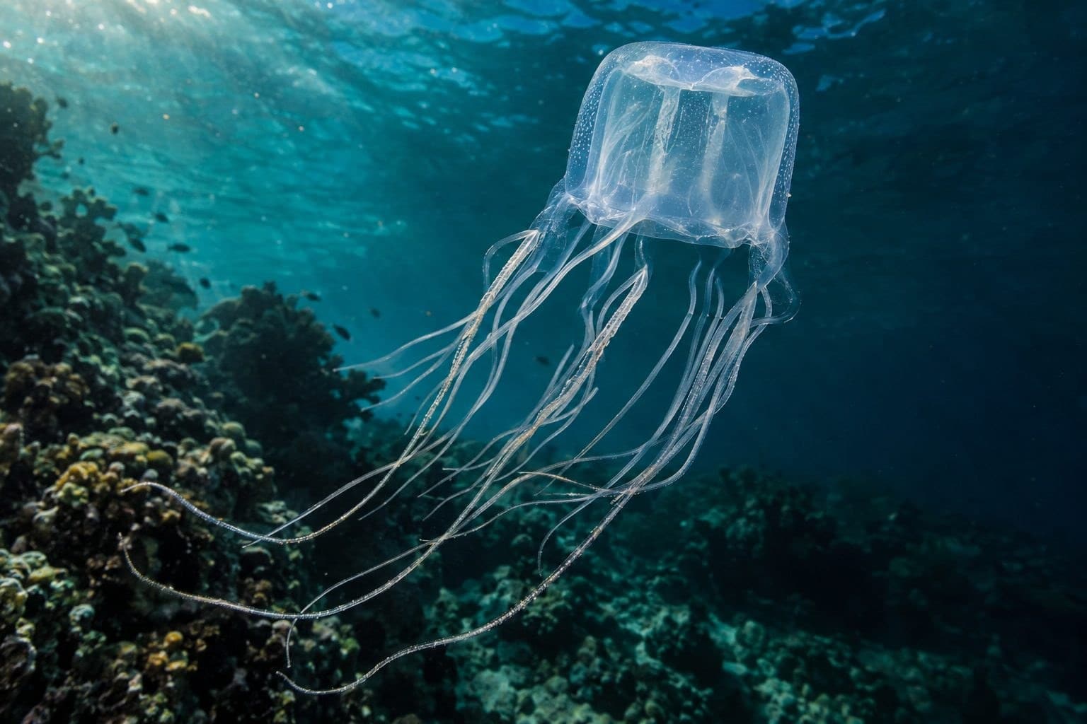 Cuboméduse d'Australie avec ses tentacules déployés