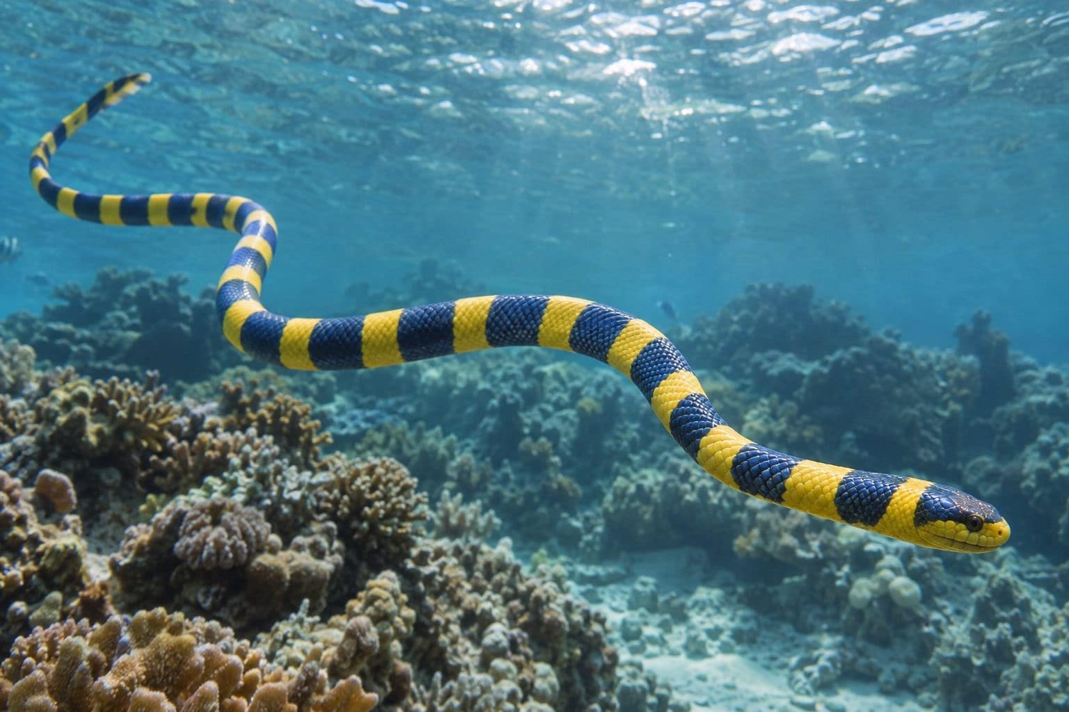 Serpent de mer jaune et bleu en train de nager
