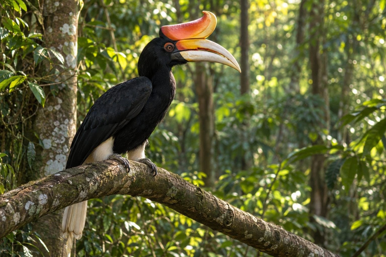 Calao rhinocéros perché dans les arbres