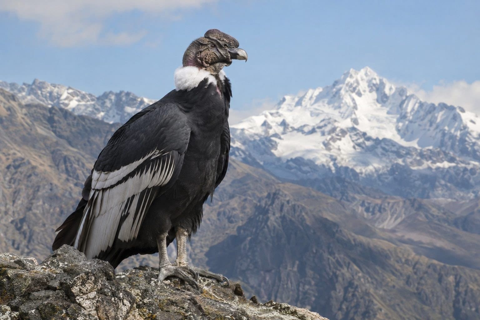 Condor des Andes perché montrant sa crête faciale