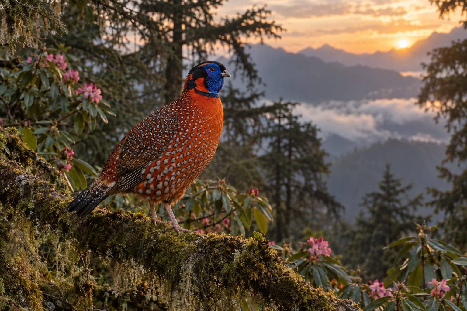 Tragopan satyre (faisan cornu) mâle en forêt d'altitude himalayenne