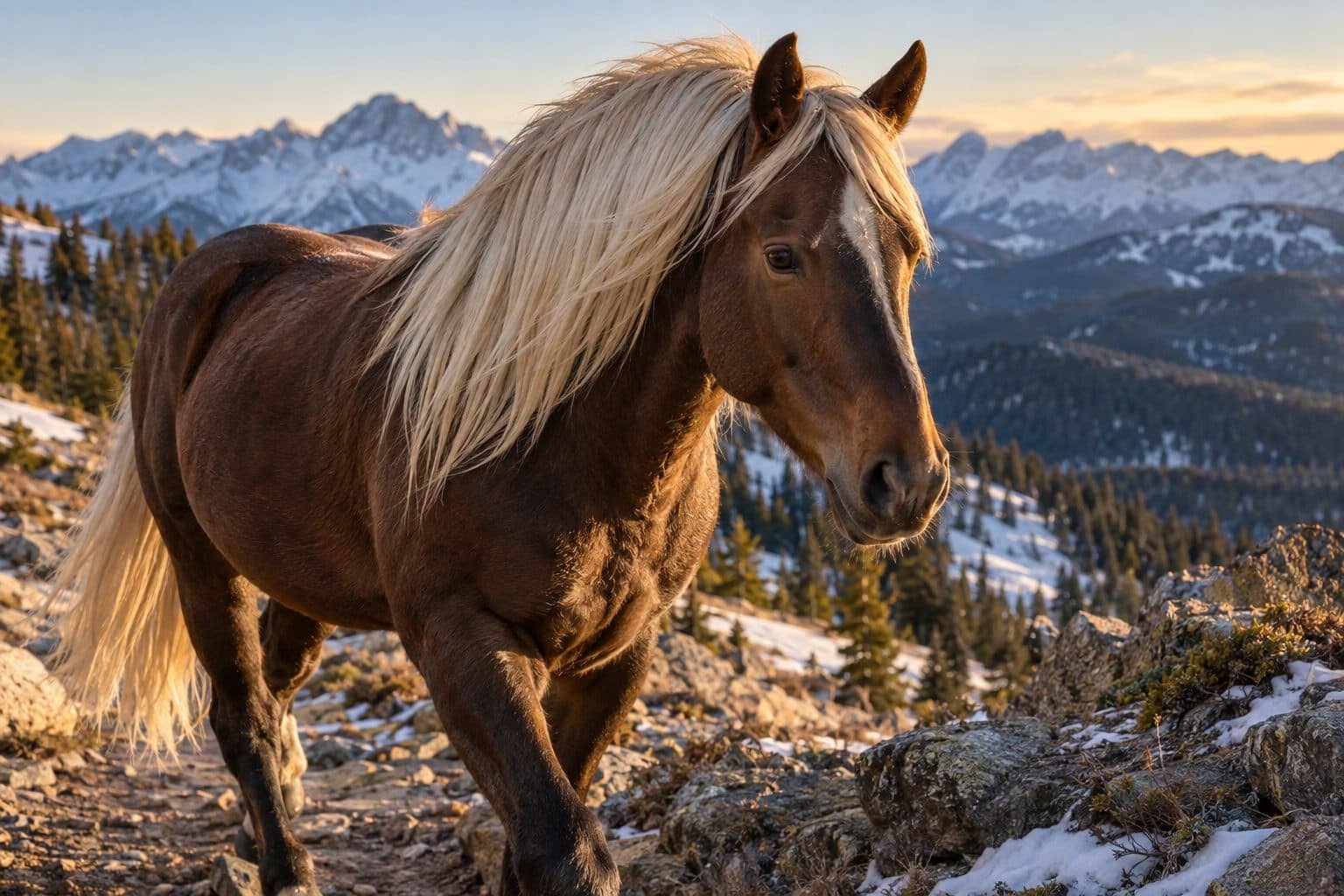Cheval Rocky Mountain Horse avec sa crinière pâle et sa robe bai-brun foncé en montagne