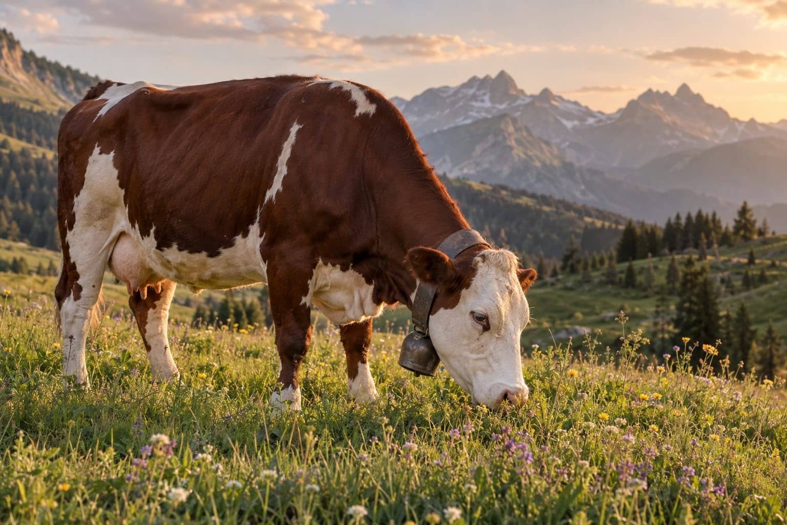Vache Abondance pie marron et blanche en montagne