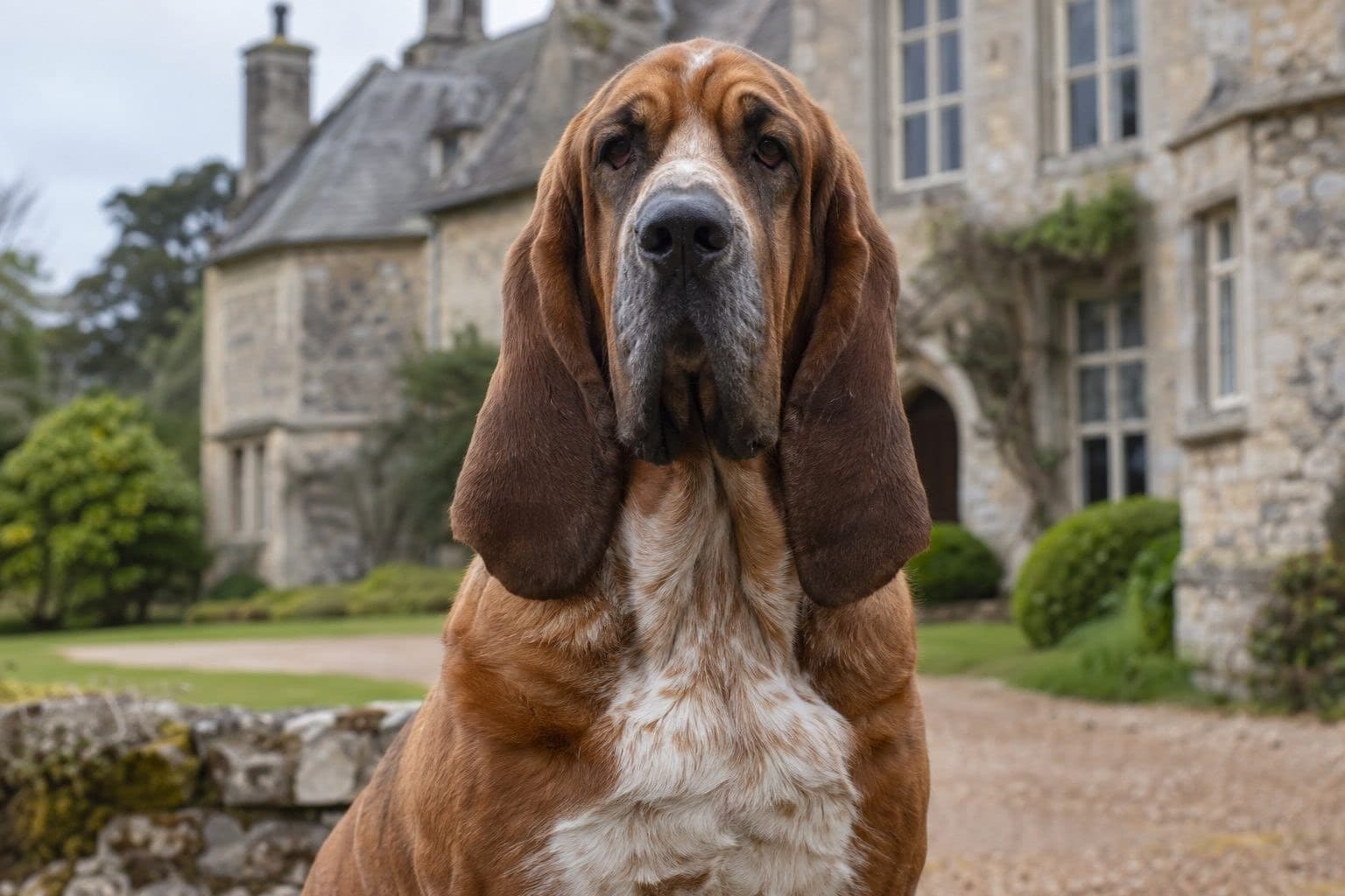 Un Chien de Saint-Hubert assis de face, montrant ses oreilles et babines tombantes