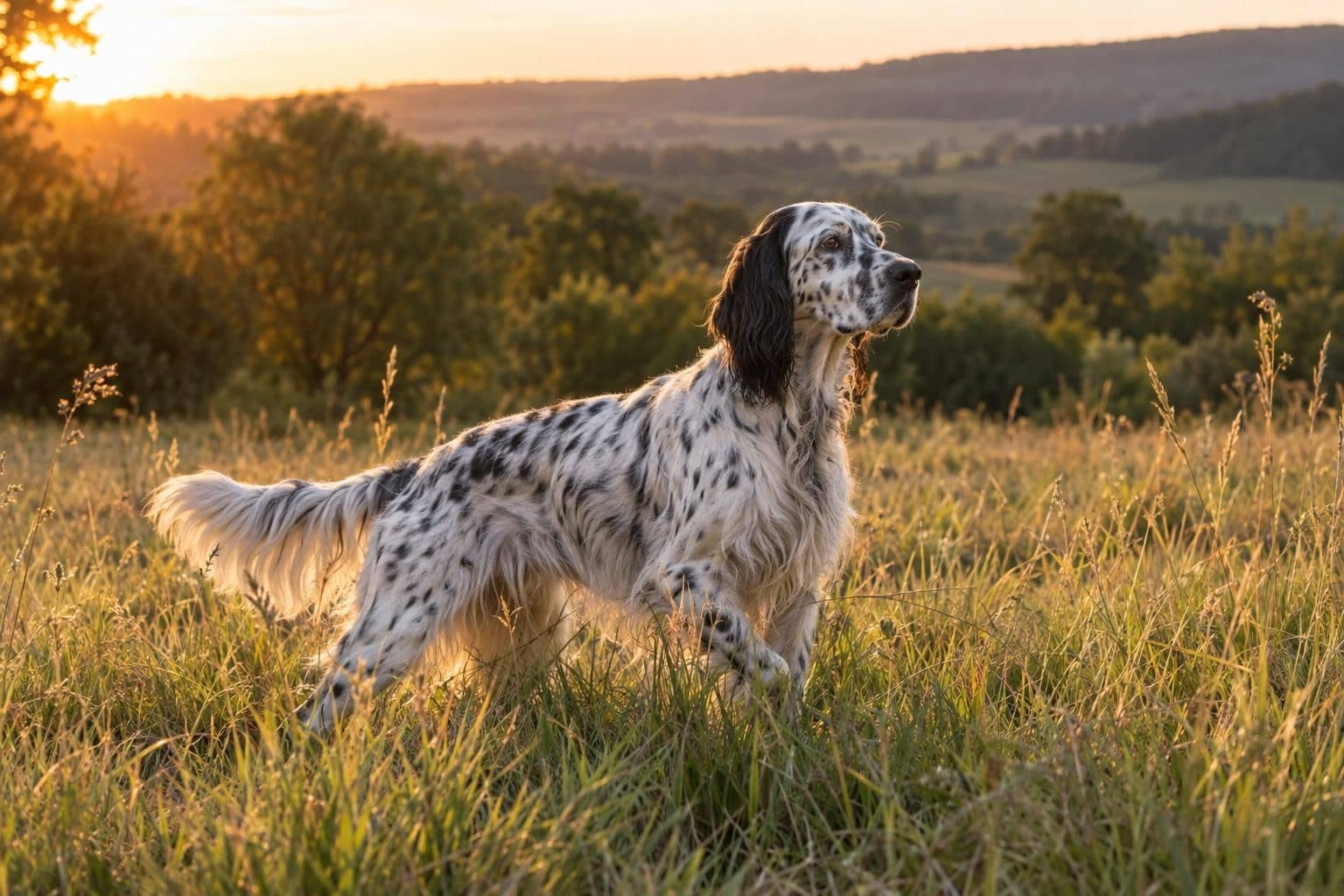Setter anglais dans un paysage de chasse