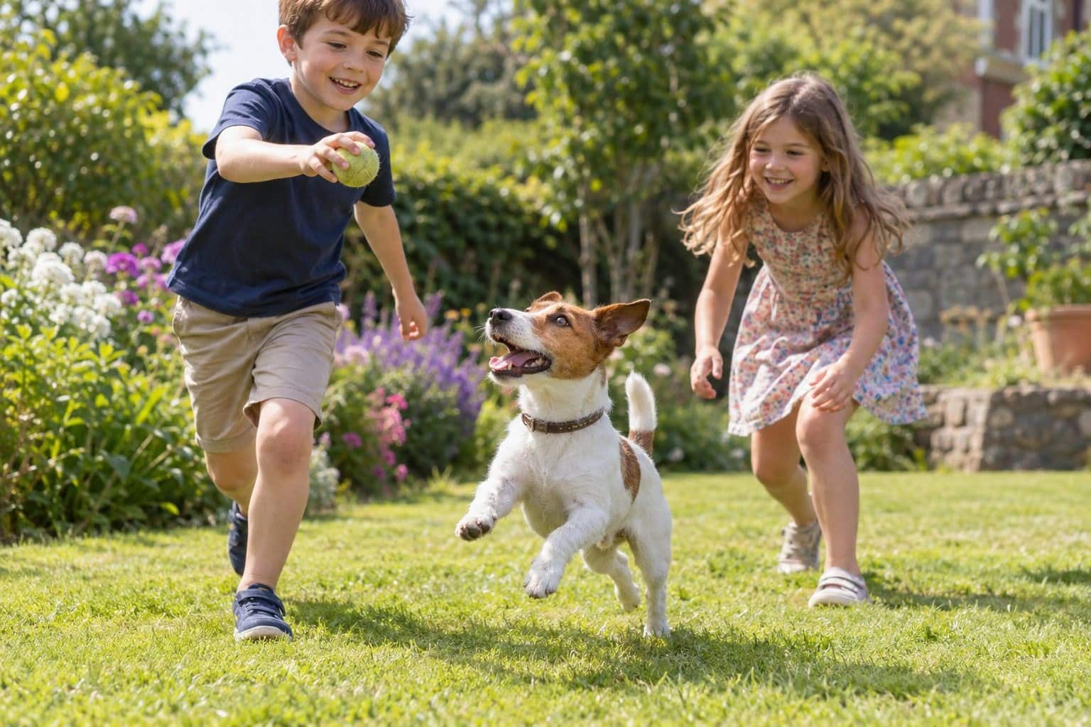 Fox Terrier jouant dans un jardin avec les enfants