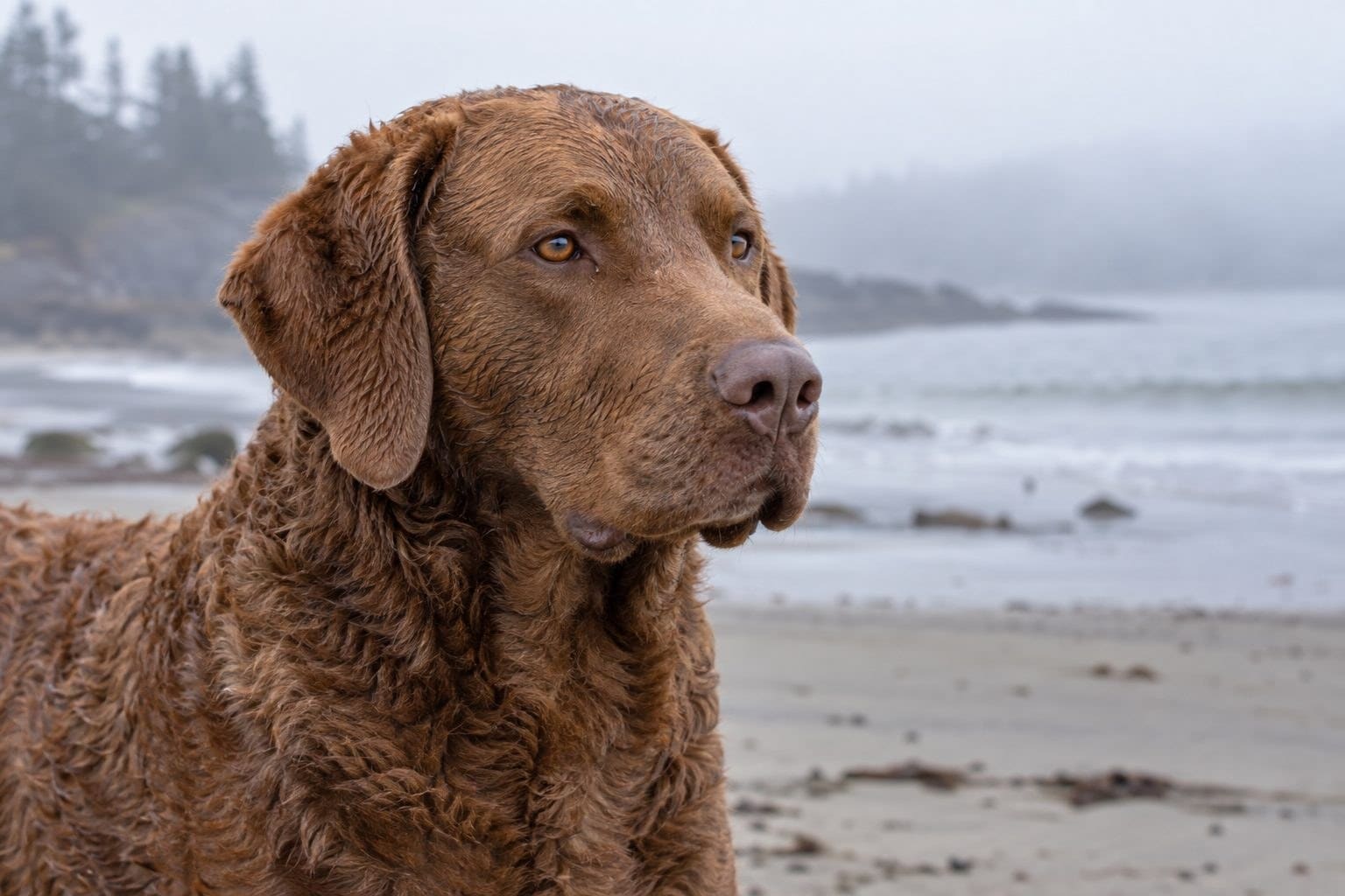 Chesapeake Bay Retriever portrait détaillé sur une plage