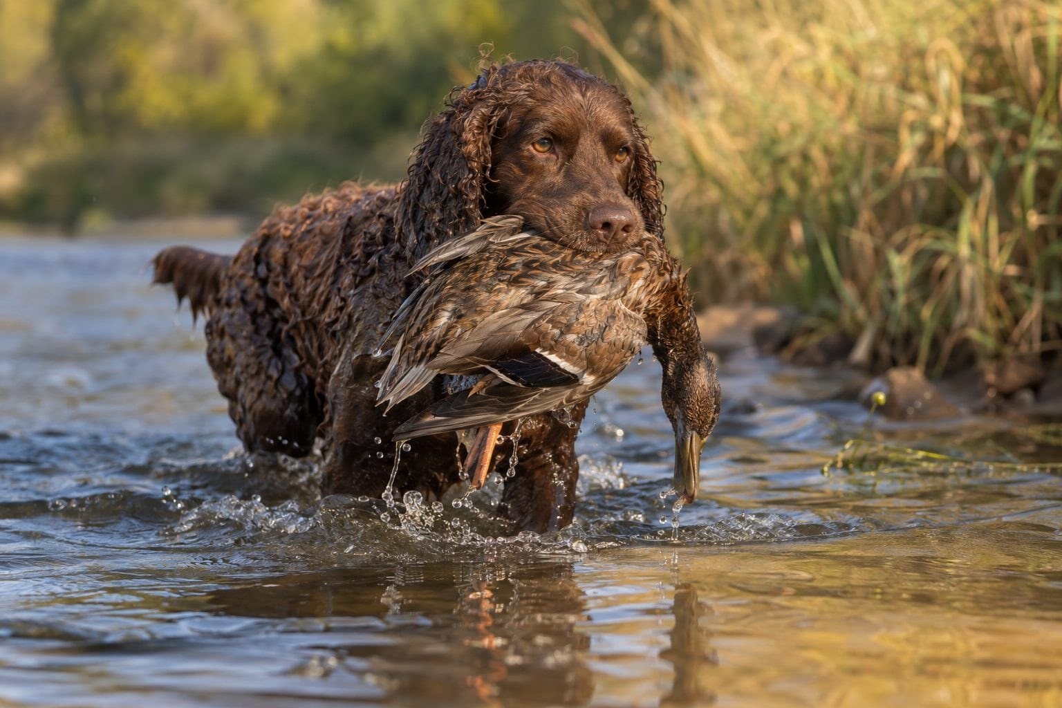 Chien d'eau américain rapportant du gibier aquatique