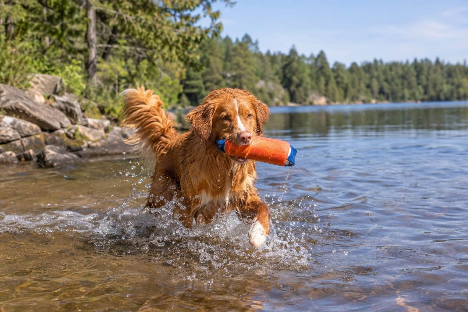 Retriever de la Nouvelle-Écosse jouant avec un jouet dans l'eau