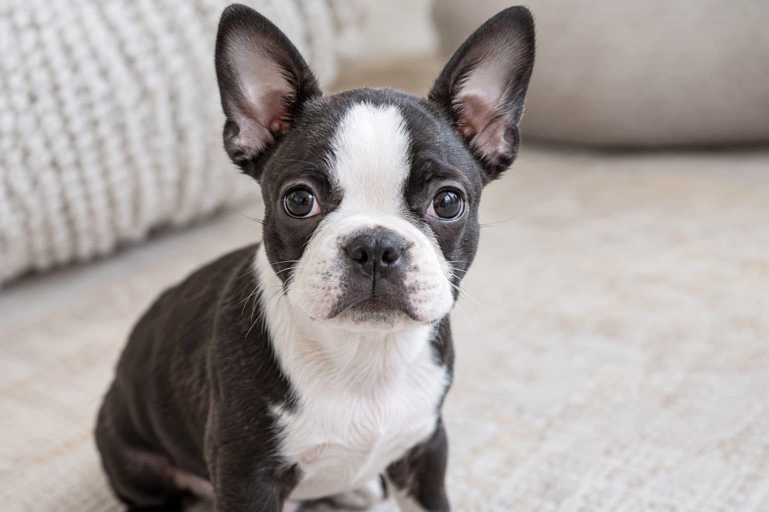 Un Boston Terrier en gros plan montrant ses traits distinctifs