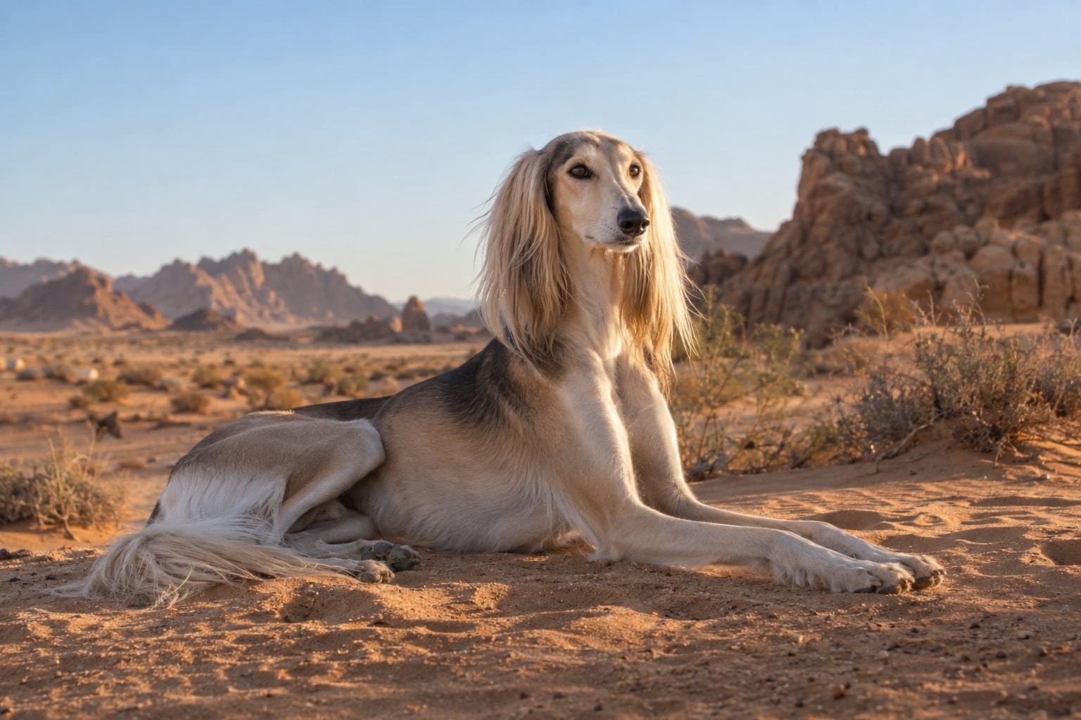 Un Saluki (Lévrier Persan) au repos dans un décor désertique