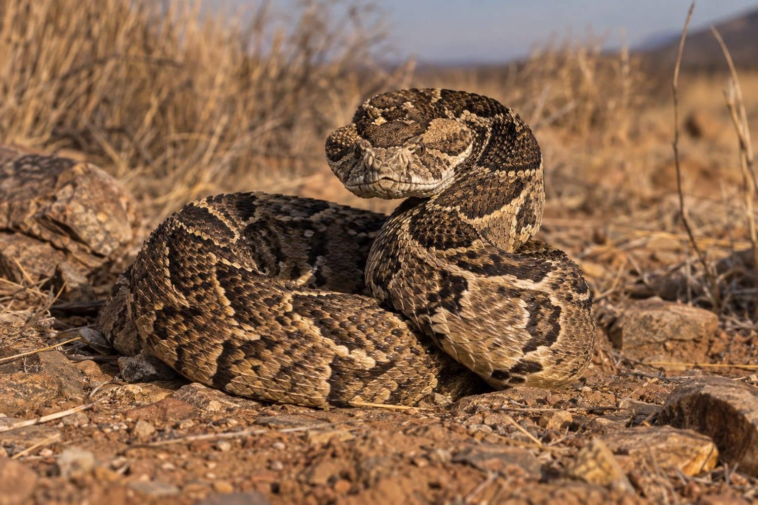Vipère heurtante (Bitis arietans) en alerte avec position défensive