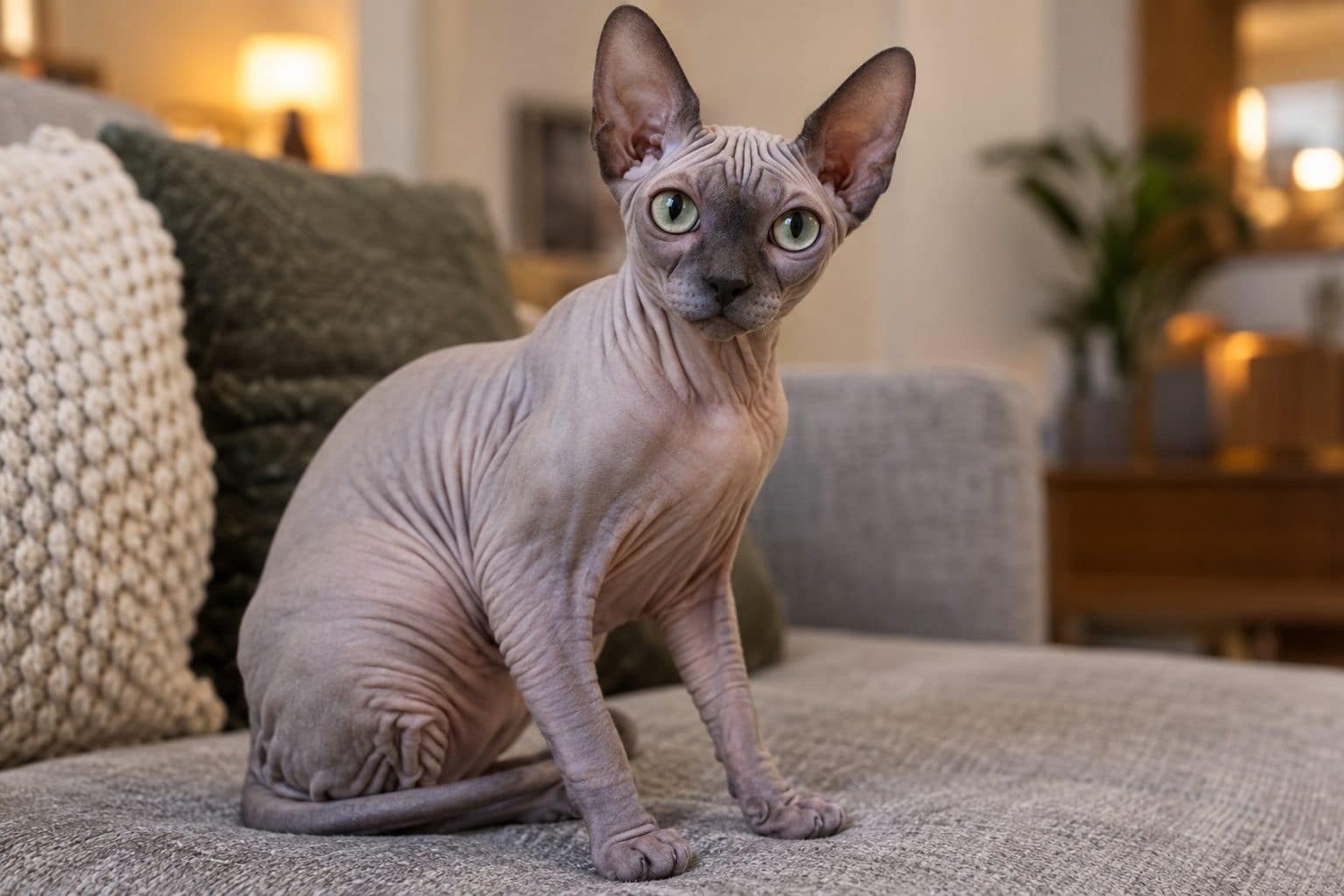 Chat Sphynx sans poil dans un intérieur moderne