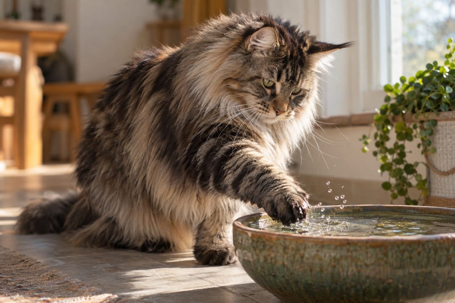 Chat Maine Coon jouant avec de l'eau