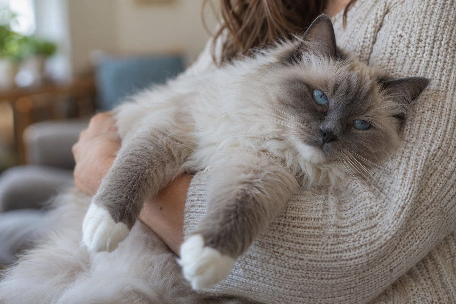 Chat Ragdoll totalement détendu dans les bras