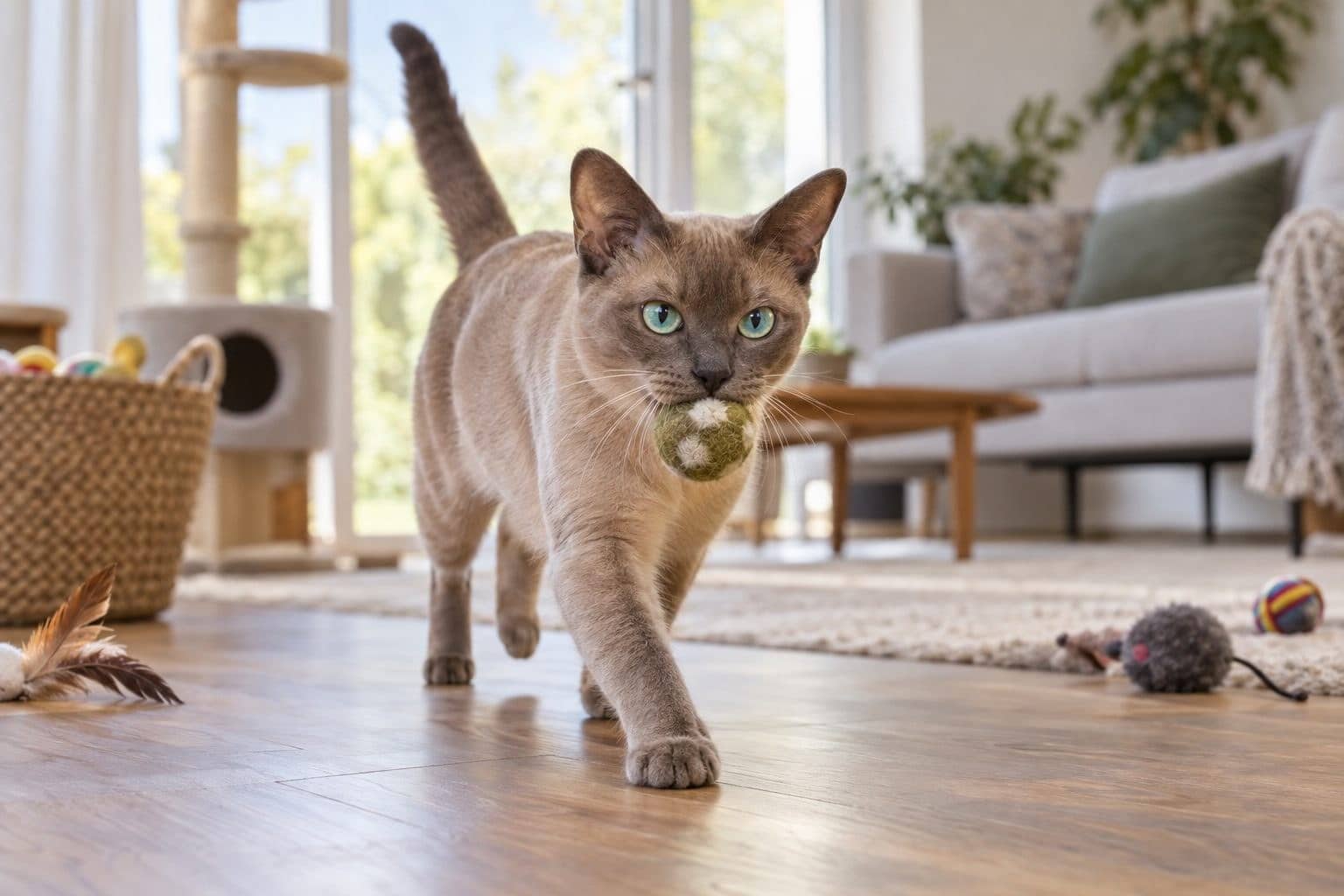 Chat Tonkinois joueur apportant une balle