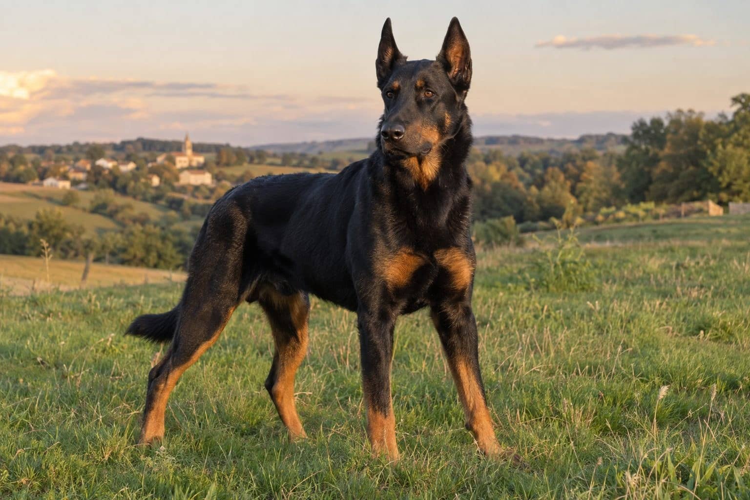 Beauceron en posture d'alerte dans un champ