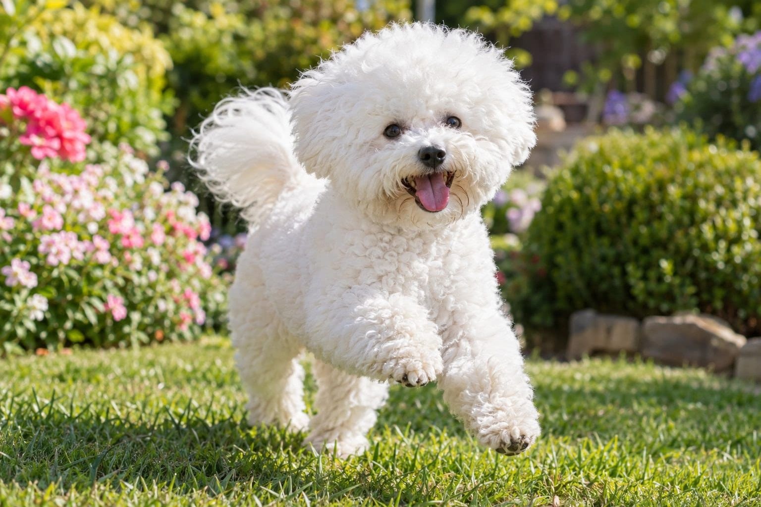 Bichon frisé jouant dans un jardin