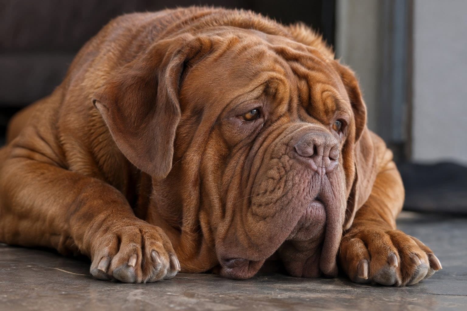 Dogue de Bordeaux au repos montrant ses rides caractéristiques