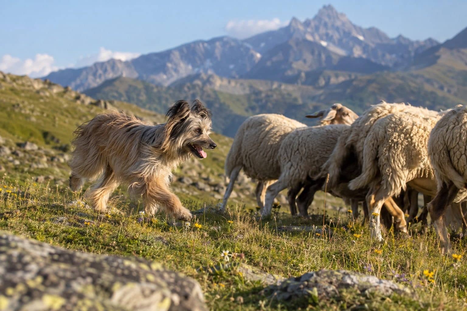 Berger des Pyrénées en action gardant un troupeau en montagne