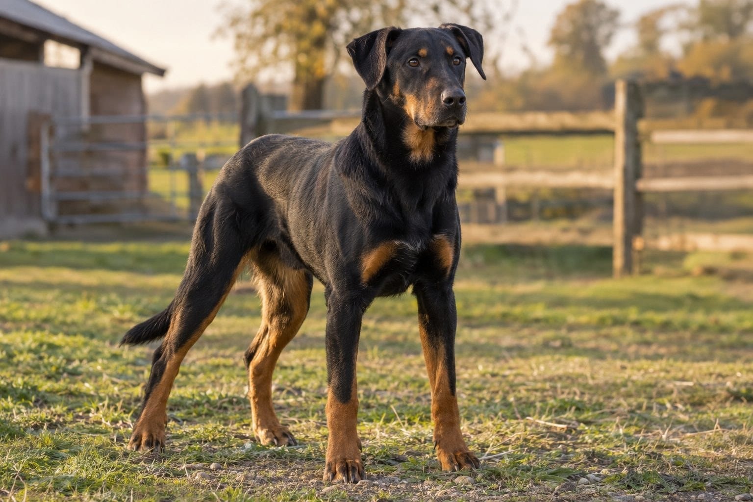 Beauceron en position de garde attentive